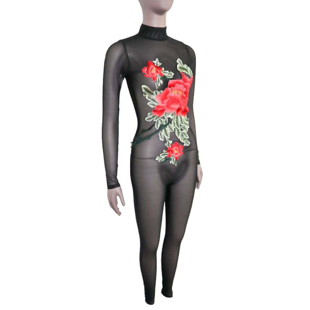Black Sheer Floral Mesh Jumpsuit Size Small Catsuit - Picture 2 of 7